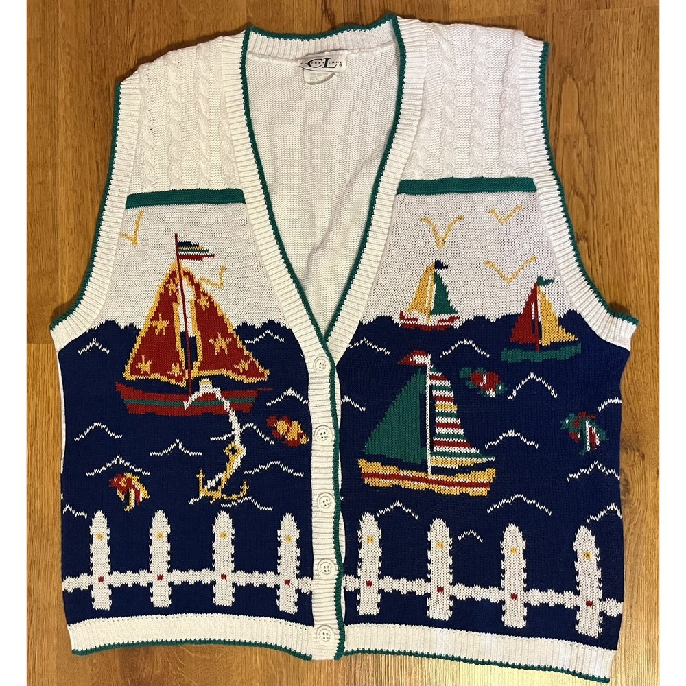 Vintage Sweater Vest‎ Cricket Lane Button up Sailing Sailboats Ocean Nautical M